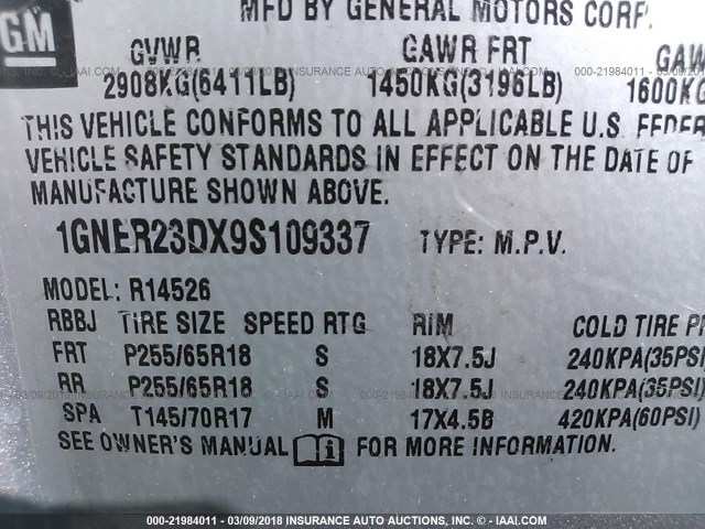 1GNER23DX9S109337 - 2009 CHEVROLET TRAVERSE LT SILVER photo 9