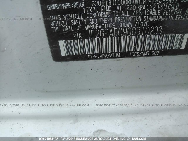 JF2GPADC9G8310293 - 2016 SUBARU CROSSTREK PREMIUM თეთრი ფოტო 9