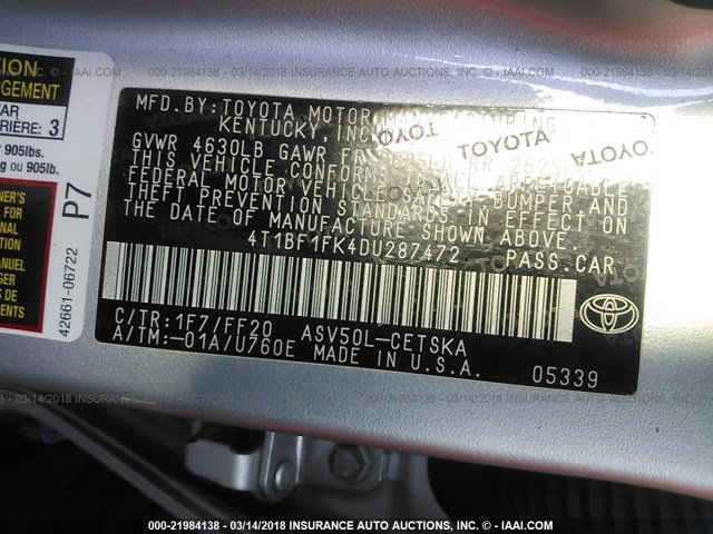 4T1BF1FK4DU287472 - 2013 TOYOTA CAMRY L/SE/LE/XLE 银色 照片 9