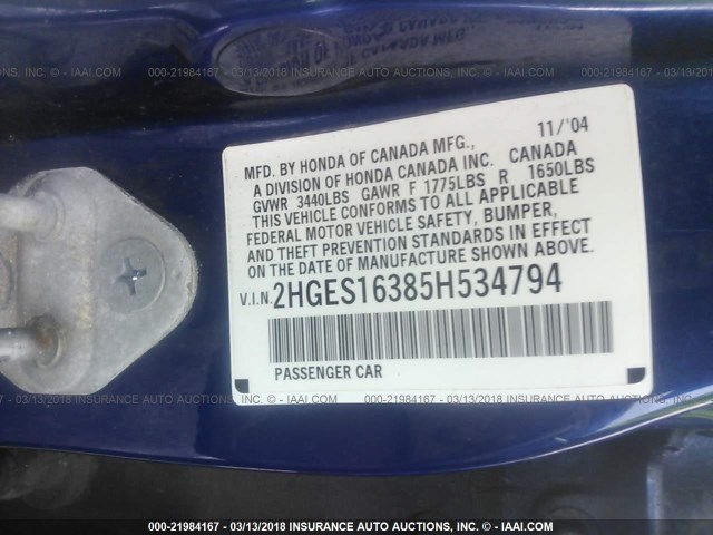 2HGES16385H534794 - 2005 HONDA CIVIC DX VP Mavi foto 9