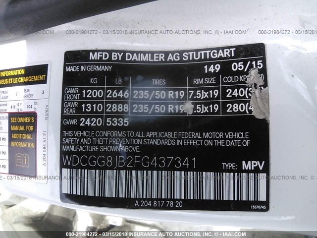 WDCGG8JB2FG437341 - 2015 MERCEDES-BENZ GLK 350 4MATIC WHITE photo 9