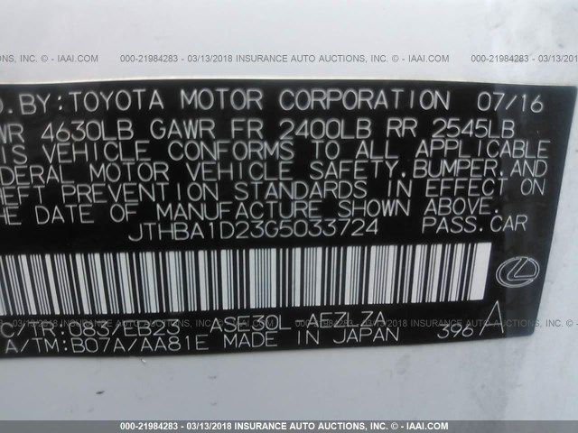 JTHBA1D23G5033724 - 2016 LEXUS IS 200T WHITE photo 9