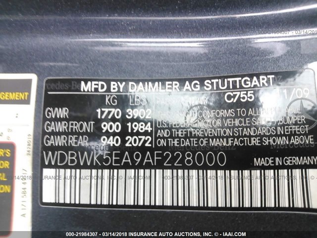 WDBWK5EA9AF228000 - 2010 MERCEDES-BENZ SLK 300 GRAY photo 9