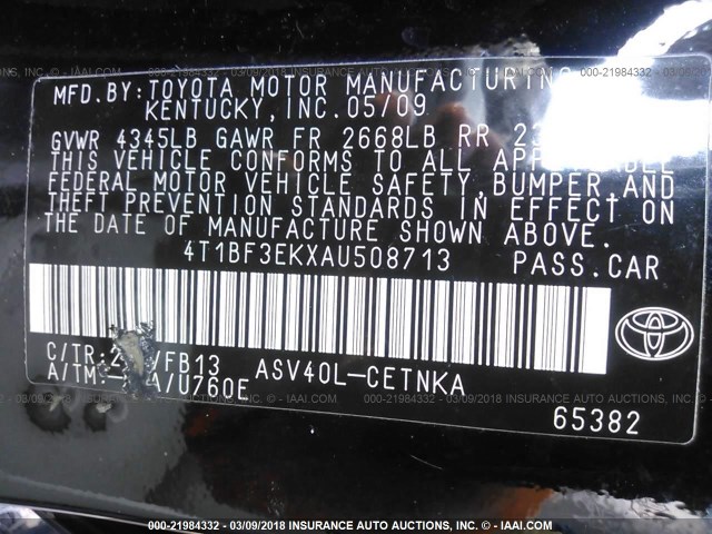 4T1BF3EKXAU508713 - 2010 TOYOTA CAMRY SE/LE/XLE BLACK photo 9