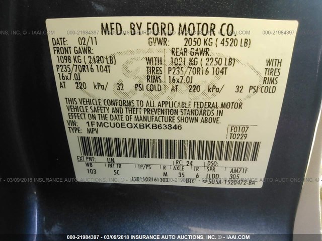 1FMCU0EGXBKB63846 - 2011 FORD ESCAPE LIMITED BLUE photo 9