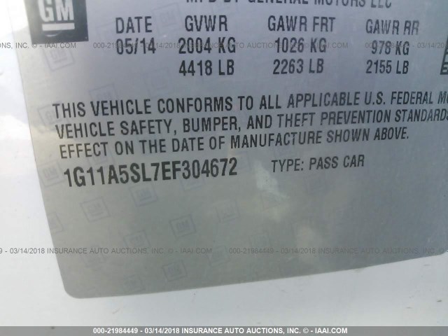 1G11A5SL7EF304672 - 2014 CHEVROLET MALIBU LS WHITE photo 9