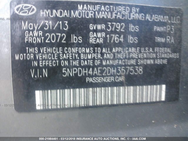 5NPDH4AE2DH357538 - 2013 HYUNDAI ELANTRA GLS/LIMITED GRAY photo 9