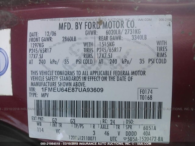 1FMEU64E87UA93609 - 2007 FORD EXPLORER EDDIE BAUER MAROON photo 9