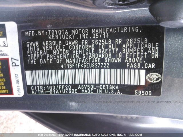 4T1BF1FK5EU827722 - 2014 TOYOTA CAMRY L/SE/LE/XLE GRAY photo 9