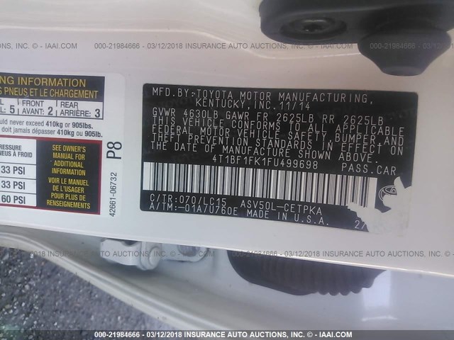 4T1BF1FK1FU499698 - 2015 TOYOTA CAMRY LE/XLE/SE/XSE 白色 照片 9