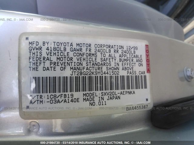 JT2BG22K9Y0441502 - 2000 TOYOTA CAMRY CE/LE/XLE 银色 照片 9