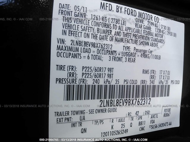 2LNBL8EV9BX762312 - 2011 LINCOLN TOWN CAR EXECUTIVE L BLACK photo 9