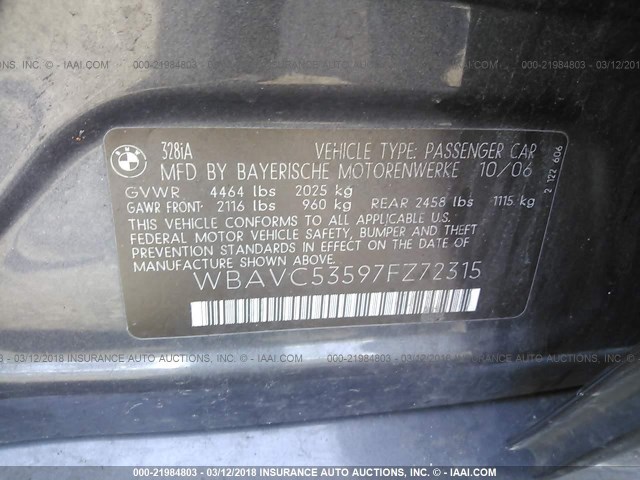 WBAVC53597FZ72315 - 2007 BMW 328 I SULEV GRAY photo 9