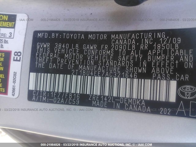 2T1BU4EE7AC321646 - 2010 TOYOTA COROLLA S/LE/XLE SILVER photo 9