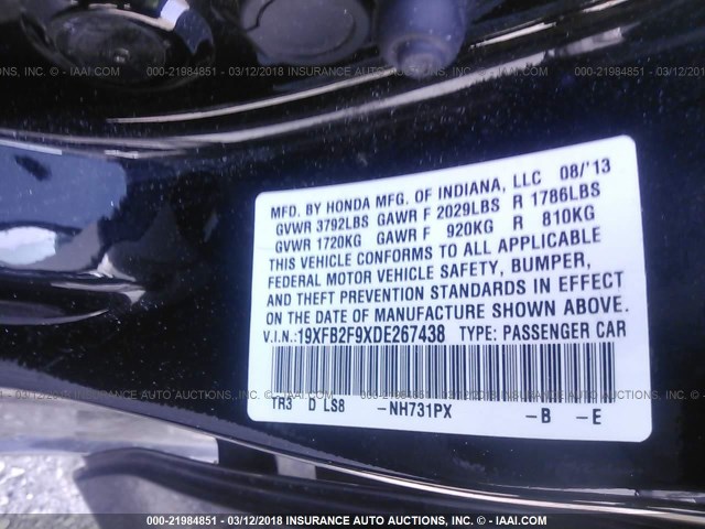 19XFB2F9XDE267438 - 2013 HONDA CIVIC EXL BLACK photo 9