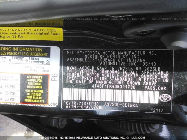 4T4BF1FK4DR311730 - 2013 TOYOTA CAMRY L/SE/LE/XLE 黑色 照片 9