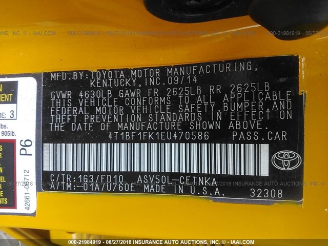 4T1BF1FK1EU470586 - 2014 TOYOTA CAMRY L/SE/LE/XLE ყვითელი ფოტო 9