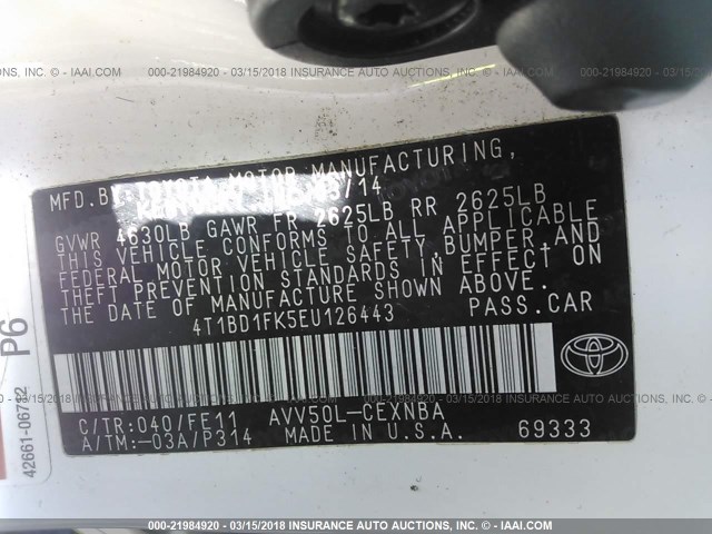 4T1BD1FK5EU126443 - 2014 TOYOTA CAMRY HYBRID/LE/XLE 绿色 照片 9