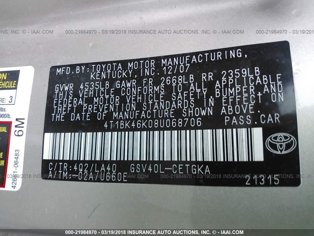 4T1BK46K08U068706 - 2008 TOYOTA CAMRY LE/XLE/SE Qızıl foto 9