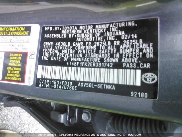 4T4BF1FK2ER391742 - 2014 TOYOTA CAMRY L/SE/LE/XLE 灰色 照片 9