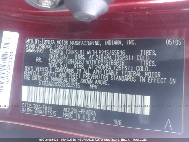 5TDZA23C05S333535 - 2005 TOYOTA SIENNA CE/LE RED photo 9