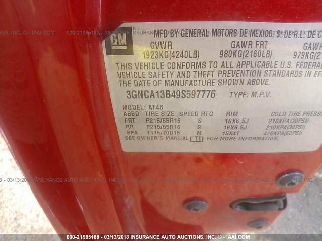 3GNCA13B49S597776 - 2009 CHEVROLET HHR LS RED photo 9