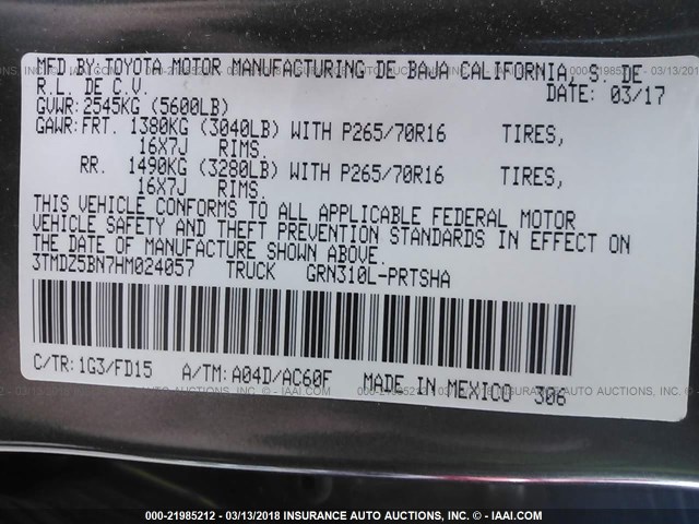 3TMDZ5BN7HM024057 - 2017 TOYOTA TACOMA DBL CAB/SR5/TRD SPORT/OR BLACK photo 9