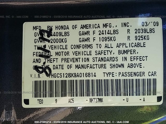 1HGCS128X9A016814 - 2009 HONDA ACCORD EXL GRAY photo 9