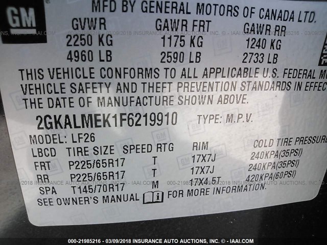 2GKALMEK1F6219910 - 2015 GMC TERRAIN SLE GRAY photo 9