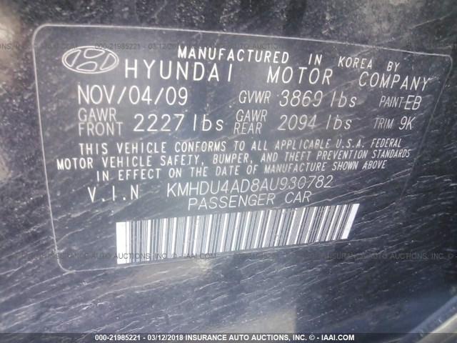 KMHDU4AD8AU930782 - 2010 HYUNDAI ELANTRA BLUE/GLS/SE BLACK photo 9