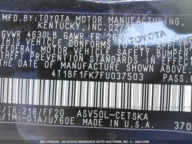 4T1BF1FK7FU037503 - 2015 TOYOTA CAMRY LE/XLE/SE/XSE BLACK photo 9