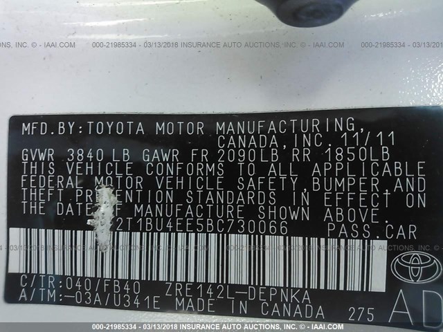 2T1BU4EE5BC730066 - 2011 TOYOTA COROLLA S/LE WHITE photo 9