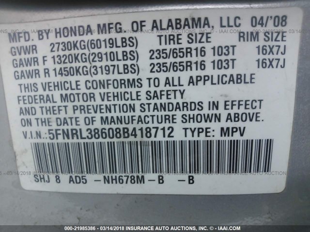 5FNRL38608B418712 - 2008 HONDA ODYSSEY EXL ვერცხლისფერი ფოტო 9