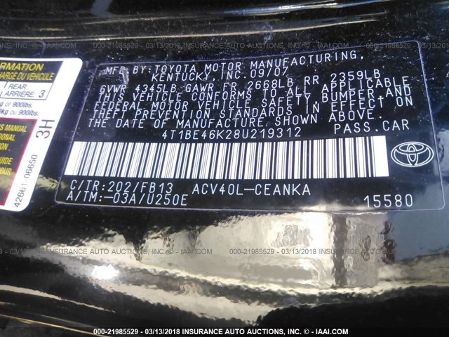 4T1BE46K28U219312 - 2008 TOYOTA CAMRY CE/LE/XLE/SE BLACK photo 9