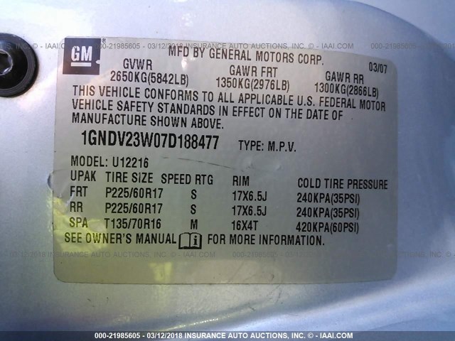 1GNDV23W07D188477 - 2007 CHEVROLET UPLANDER LS Light Blue photo 9