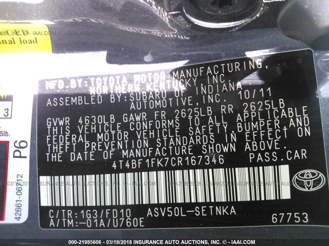 4T4BF1FK7CR167346 - 2012 TOYOTA CAMRY SE/LE/XLE ნაცრისფერი ფოტო 9