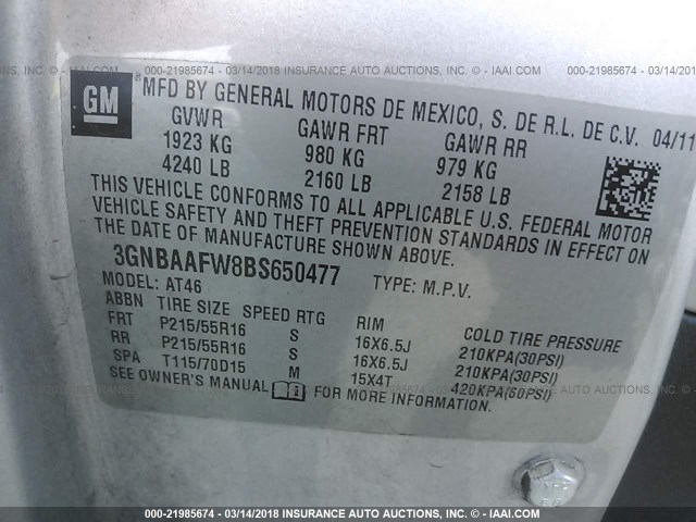 3GNBAAFW8BS650477 - 2011 CHEVROLET HHR LS SILVER photo 9