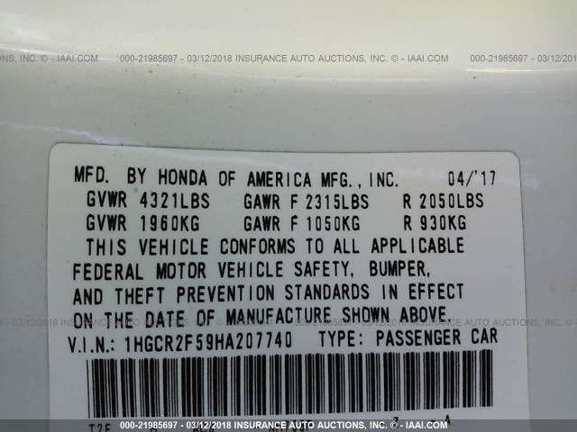 1HGCR2F59HA207740 - 2017 HONDA ACCORD SPORT 白色 照片 9