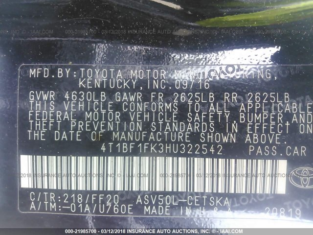 4T1BF1FK3HU322542 - 2017 TOYOTA CAMRY LE/XLE/SE/XSE BLACK photo 9