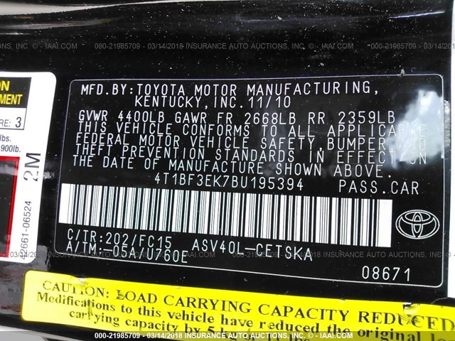 4T1BF3EK7BU195394 - 2011 TOYOTA CAMRY SE/LE/XLE შავი ფოტო 9