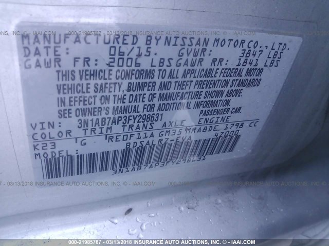 3N1AB7AP3FY298631 - 2015 NISSAN SENTRA S/SV/SR/SL GRAY photo 9