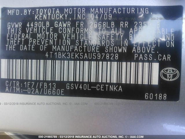 4T1BK3EK5AU597828 - 2010 TOYOTA CAMRY SE/LE/XLE SILVER photo 9