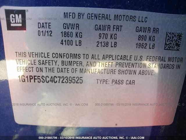 1G1PF5SC4C7239525 - 2012 CHEVROLET CRUZE LT BLUE photo 9