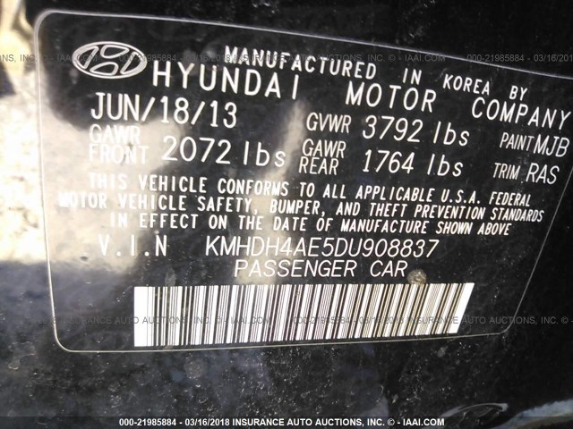 KMHDH4AE5DU908837 - 2013 HYUNDAI ELANTRA GLS/LIMITED BLACK photo 9