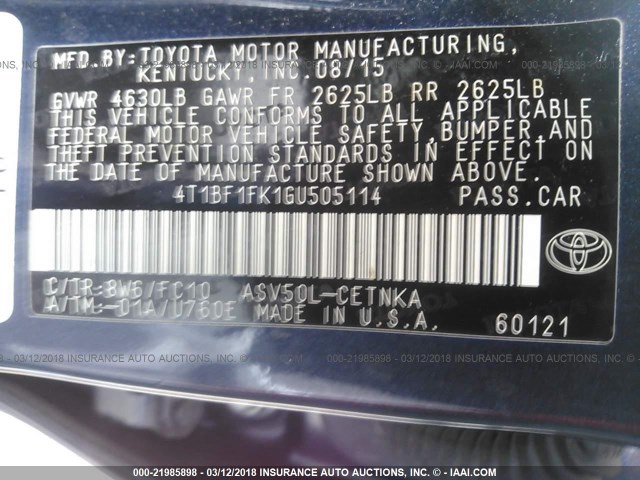 4T1BF1FK1GU505114 - 2016 TOYOTA CAMRY LE/XLE/SE/XSE BLUE photo 9