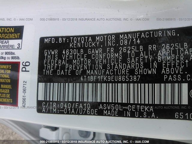4T1BF1FK9EU865387 - 2014 TOYOTA CAMRY L/SE/LE/XLE 白色 照片 9
