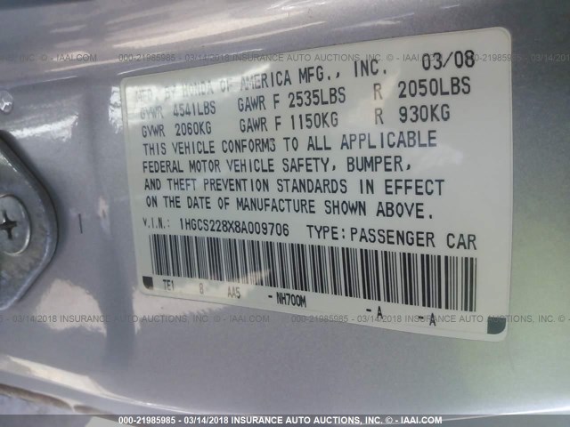 1HGCS228X8A009706 - 2008 HONDA ACCORD EXL SILVER photo 9