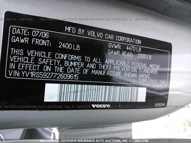YV1RS592772609615 - 2007 VOLVO S60 2.5T SILVER photo 9