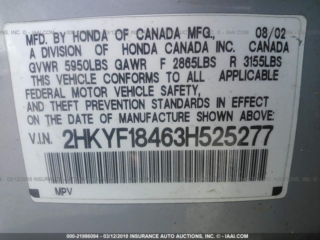 2HKYF18463H525277 - 2003 HONDA PILOT EX SILVER photo 9