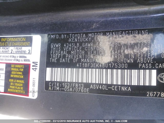 4T1BF3EK4BU175300 - 2011 TOYOTA CAMRY SE/LE/XLE GRAY photo 9